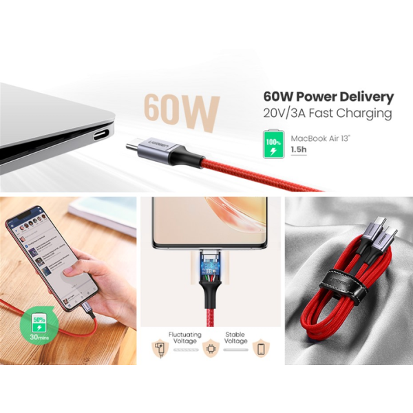 Кабель UGREEN US294 USB-C to USB-C 60W Fast Charging & Data 1м Red