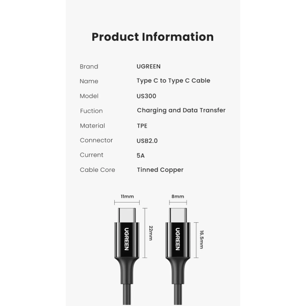 Кабель зарядний Ugreen US300 Type-C to Type-C  для швидкої зарядки 2.0 100W 5A White