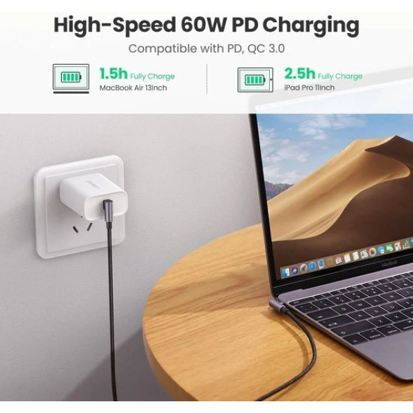 Кутовий кабель UGREEN US323 USB-C ↔ USB-C 60W PD з алюмінієвими конекторами