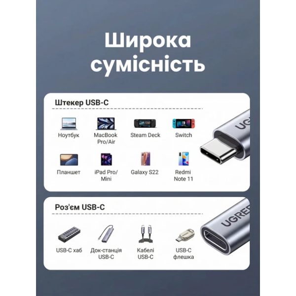 Кабель-подовжувач UGREEN US372 USB-C 3.2 Gen2 10Gbps PD 100W 4K@60Hz,1 м