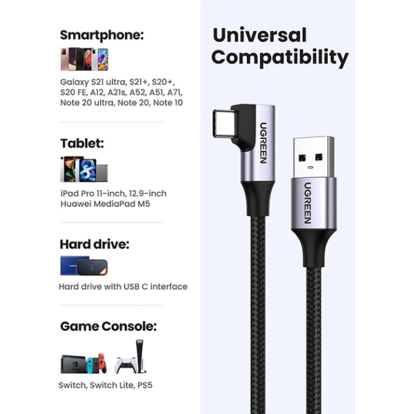 Кутовий кабель UGREEN US385 USB-A → USB-C 3.0, 1 м