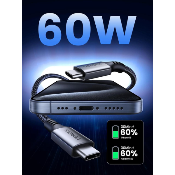 Кабель UGREEN US567 USB-C to USB-C PD 60W Fast Charging 2м Black/Gray