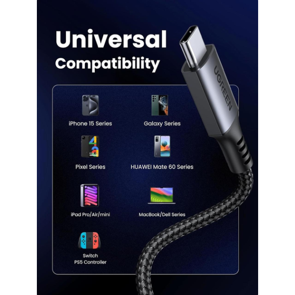 Кабель UGREEN US567 USB-C to USB-C PD 60W Fast Charging 2м Black/Gray