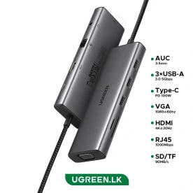 USB-хаб UGREEN CM498 USB-C to 3xUSB3.0+HDMI+VGA+RJ45 Gigabit+SD/TF+AUX3.5mm+PD, Gray