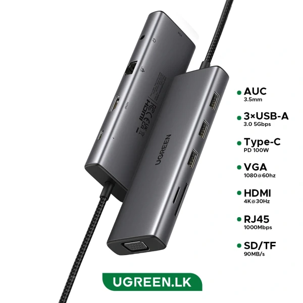 USB-хаб UGREEN CM498 USB-C to 3xUSB3.0+HDMI+VGA+RJ45 Gigabit+SD/TF+AUX3.5mm+PD, Gray