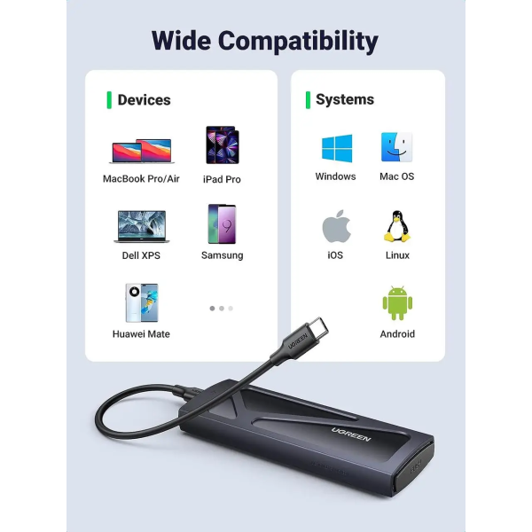 Зовнішня кишеня UGREEN CM578 для SSD M.2 NVMe | USB-C 3.2 Gen 2 (10 Гбіт/с) з алюмінієвим корпусом, чорна