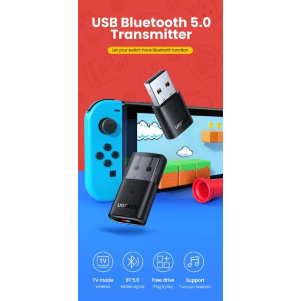 Bluetooth USB-адаптер Ugreen CM408 5.0 для ПК, Mac, Nintendo Switch, PS4/PS5 – чорний