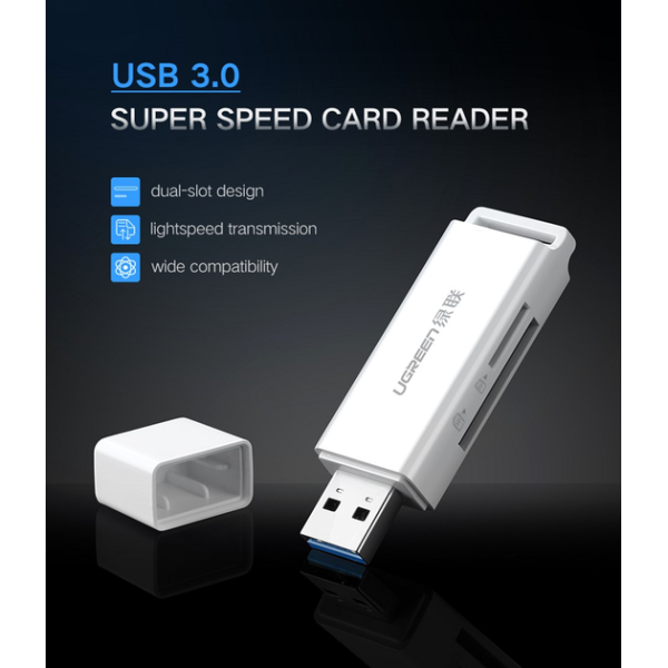 Кардридер UGREEN CM104 USB 3.0 Dual Card Reader SD/TF White (40753)