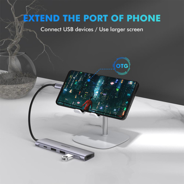 USB-хаб UGREEN CM136 5-in-1 USB Type-C to HDMI + 3xUSB 3.0 + PD Power Converter Space Gray