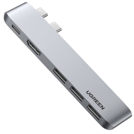   USB-хаб UGREEN CM251 5-in-2 Dual USB Type-C to 3x USB 3.0 + HDMI + USB Type-C Multifunction Adapter Space Gray (60559)