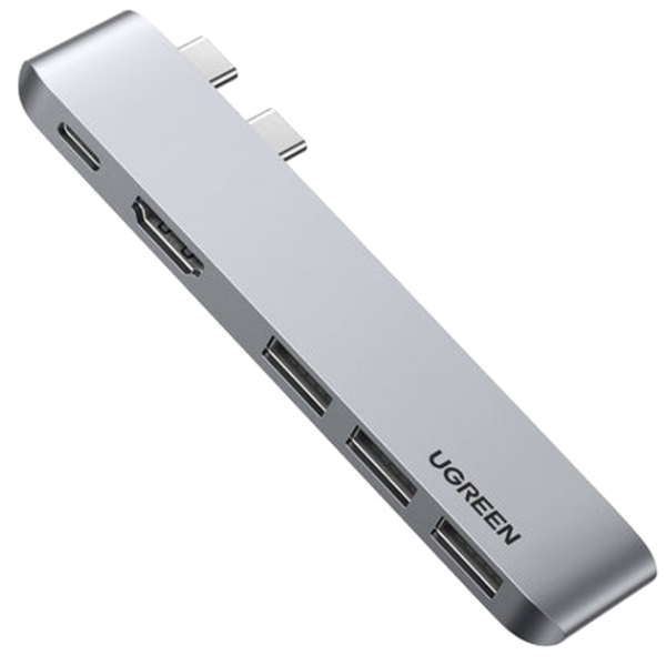   USB-хаб UGREEN CM251 5-in-2 Dual USB Type-C to 3x USB 3.0 + HDMI + USB Type-C Multifunction Adapter Space Gray (60559)