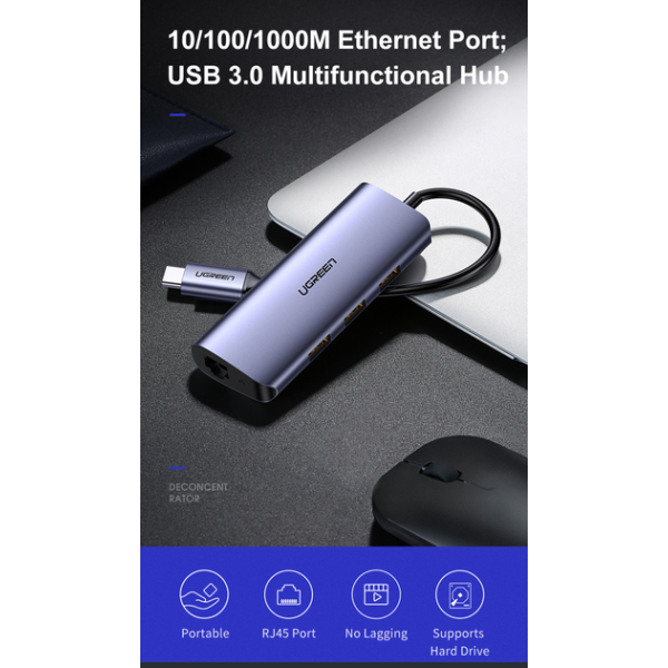USB-хаб Ugreen CM252 USB Type-C to 3xUSB 3.0 HUB + Gigabit Converter Grey