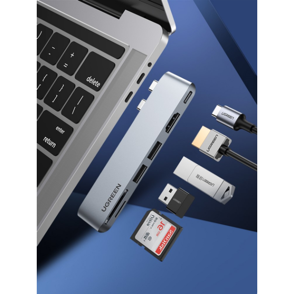 USB-хаб Ugreen CM380 Dual USB-C to HDMI+2xUSB 3.0 A+TF/SD+USB-C Converter