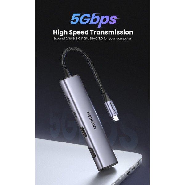 USB-хаб UGREEN CM473 USB-C to 2xUSB 3.0 + 2xUSB-C 5Gbps Space Grey 15395