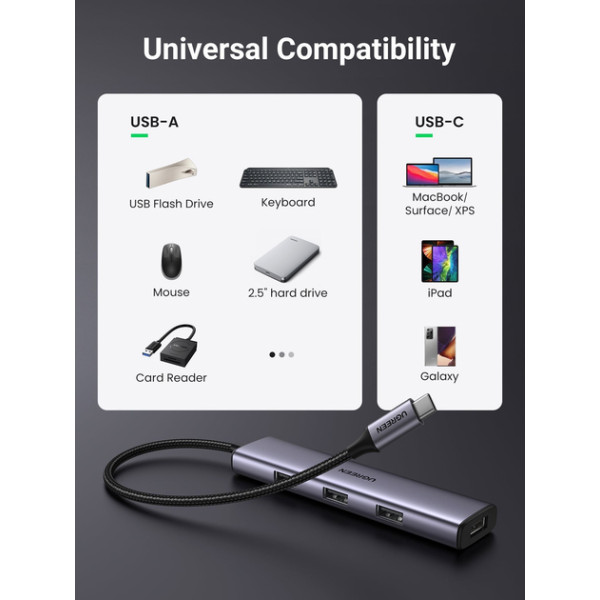 USB-хаб UGREEN CM473 4-in-1 USB Type-C to 4xUSB 3.0 HUB Space Gray 20841
