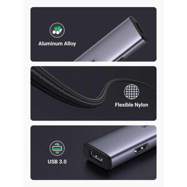 USB-хаб UGREEN CM473 4-in-1 USB Type-C to 4xUSB 3.0 HUB Space Gray 20841