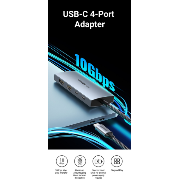USB-хаб Ugreen CM480 USB-C to 2×USB 3.2+2×USB-C Adapter 10G