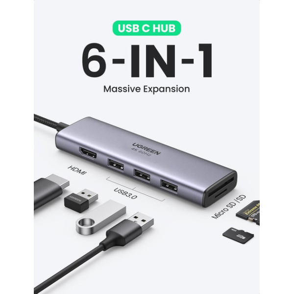 USB-хаб UGREEN CM511 6-in-1 USB Type-C (60383)