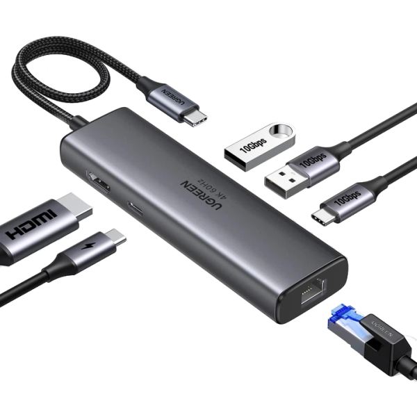 USB-хаб UGREEN CM512 USB-C 7-в-1 з HDMI, 2xUSB 3.2, USB-C, RJ45 та PD 100W Space Grey (45000)