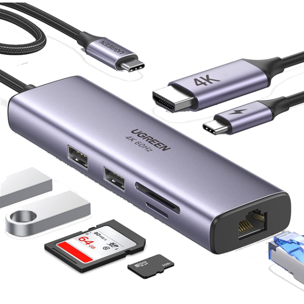 USB-хаб Ugreen CM512 USB Type-C to 2xUSB3.0+HDMI+RJ45+SD&TF+PD Port Converter (60515)