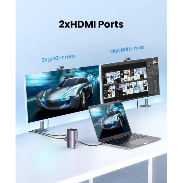 Док-станція UGREEN CM555 Pro USB-C 12-в-1 Silver (HDMI, VGA, LAN, USB, SD, PD)