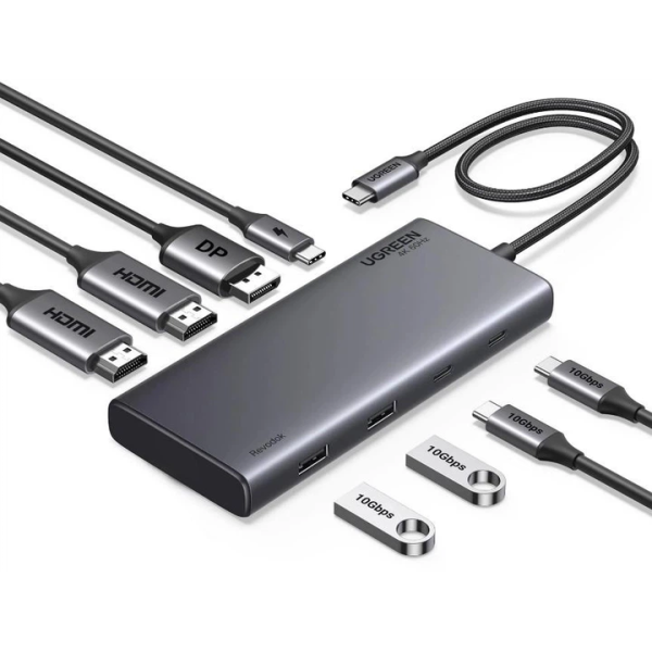 USB-хаб UGREEN CM639 Revodok Pro 8-в-1 USB-C 10Gbps, 2×HDMI + DP 4K@60Hz, PD 100W, Gray