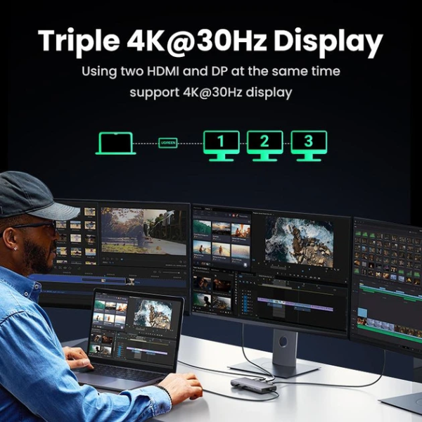 USB-хаб UGREEN CM639 Revodok Pro 8-в-1 USB-C 10Gbps, 2×HDMI + DP 4K@60Hz, PD 100W, Gray