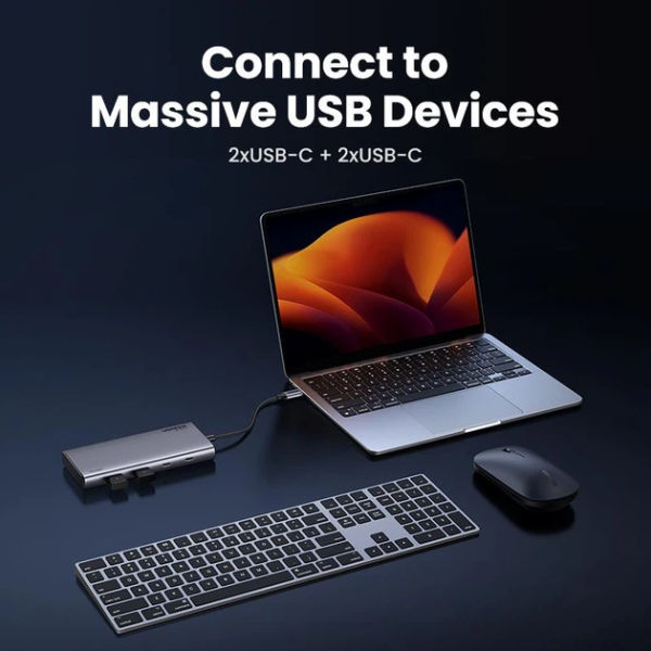 USB-хаб UGREEN CM639 Revodok Pro 8-в-1 USB-C 10Gbps, 2×HDMI + DP 4K@60Hz, PD 100W, Gray