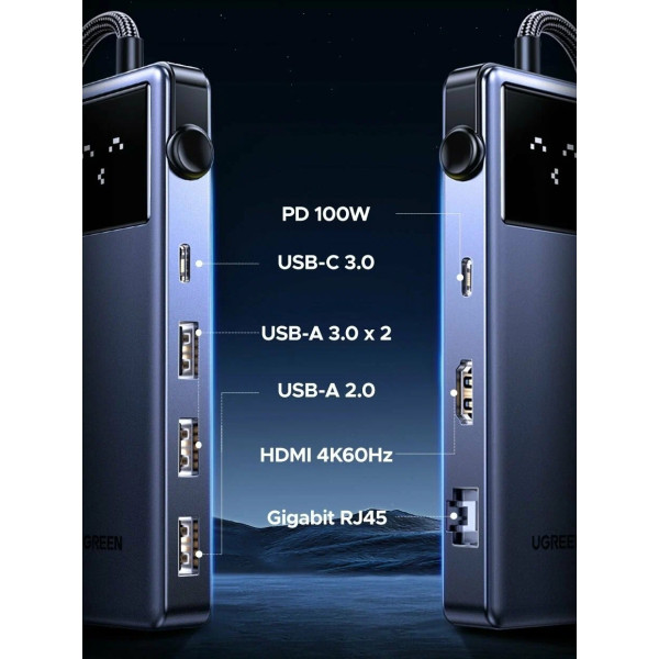 USB-хаб UGREEN CM888 7-в-1 USB-C to 3xUSB, 1xUSB-C, HDMI, RJ-45, PD 100W (45155)