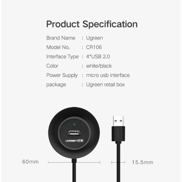 USB-хаб UGREEN CR106 USB 2.0 Hub 4 порти 1м Black