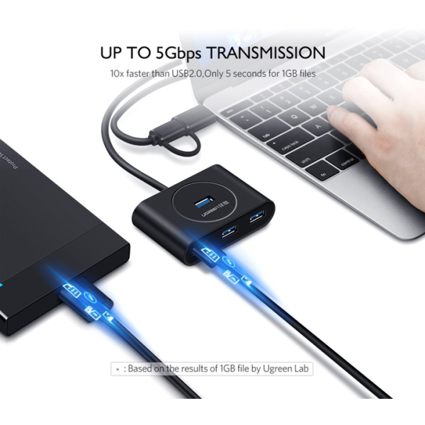 USB-хаб UGREEN CR113 USB 3.0 with USB Type-C Plug 4 Ports HUB 1 м Black