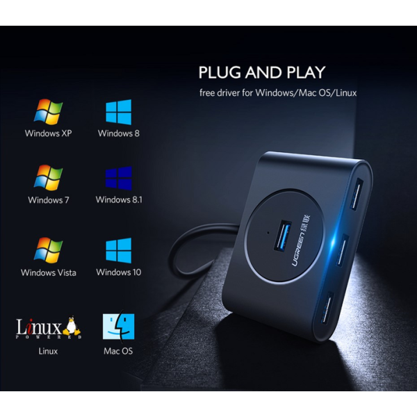 USB-хаб UGREEN CR113 USB 3.0 with USB Type-C Plug 4 Ports HUB 1 м Black