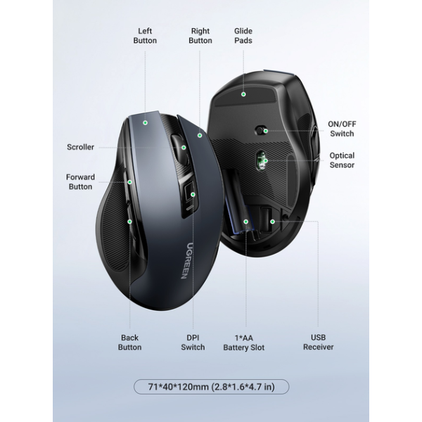 Бездротова миша UGREEN MU006 Ergonomic Wireless Mouse 2.4G 4000DPI Silent Design Black (90545)