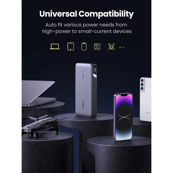 Павербанк (Зовнішній акумулятор) Ugreen 145W | 25000mAh Power Bank for Laptop-3 Ports Space Grey PB205