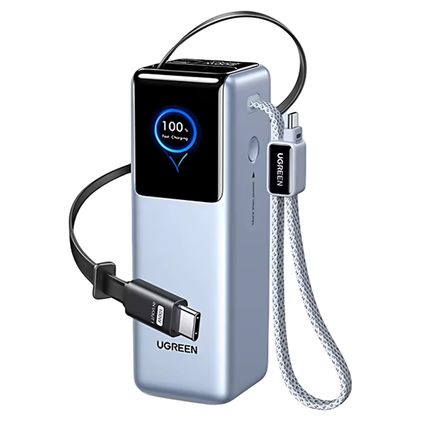 Павербанк UGREEN 25 000mAh 200W з вбудованими кабелями USB-C — Блакитний