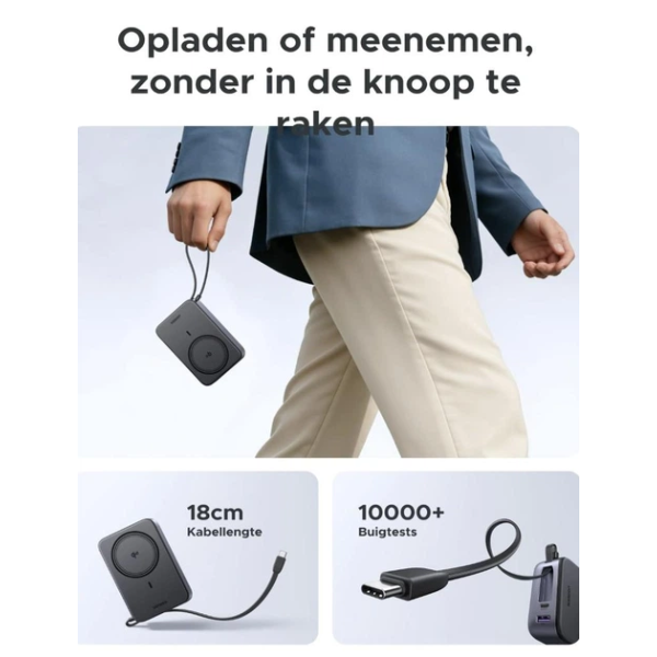 Магнітний павербанк UGREEN MagSafe 20000mAh Qi2 30W (Magnetic Wireless 15W, Built-in USB-C Cable, Black)