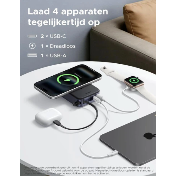 Магнітний павербанк UGREEN MagSafe 20000mAh Qi2 30W (Magnetic Wireless 15W, Built-in USB-C Cable, Black)