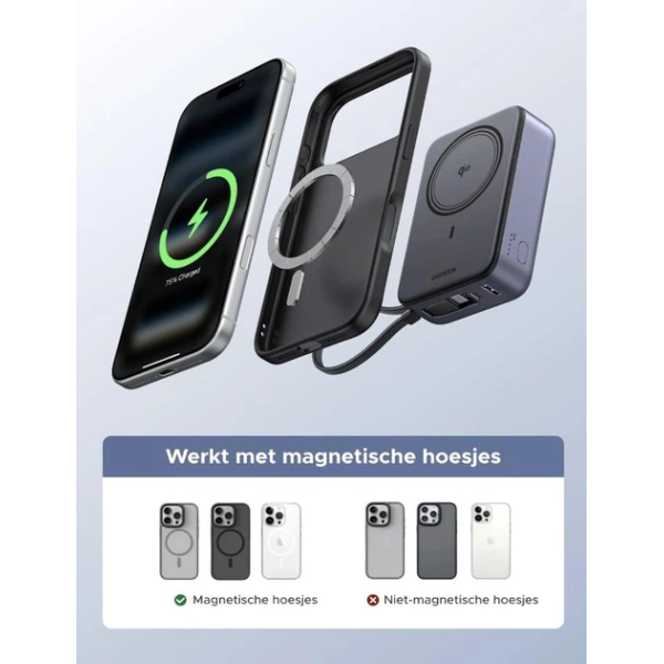 Магнітний павербанк UGREEN MagSafe 20000mAh Qi2 30W (Magnetic Wireless 15W, Built-in USB-C Cable, Black)
