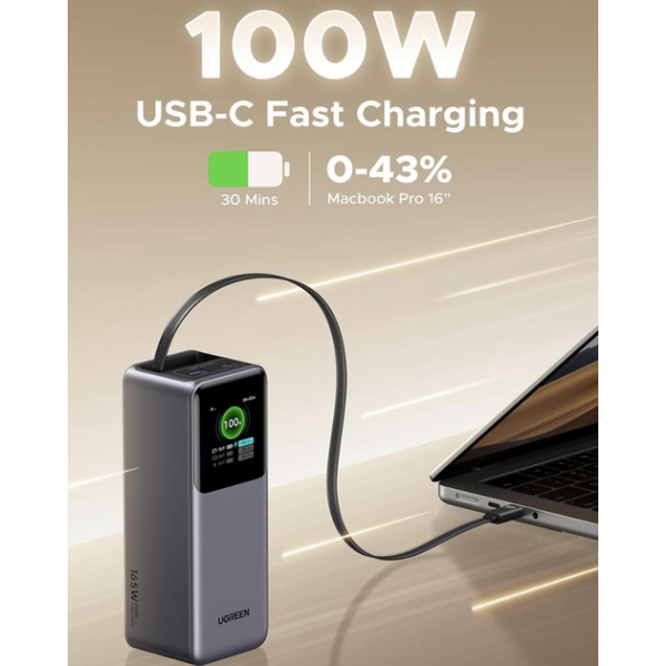Повербанк Ugreen PB726 Nexode 165W 20000mAh із вбудованим USB-C кабелем та дисплеєм