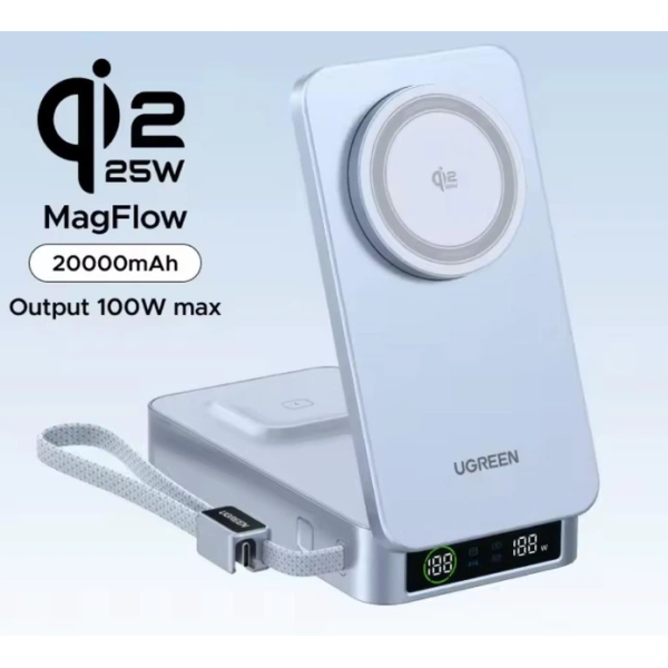 Магнітний павербанк UGREEN MagFlow Qi2 20000mAh 100W PD з вбудованим USB-C кабелем, Blue