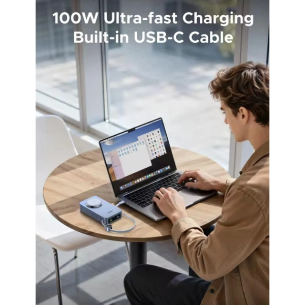 Магнітний павербанк UGREEN MagFlow Qi2 20000mAh 100W PD з вбудованим USB-C кабелем, Blue