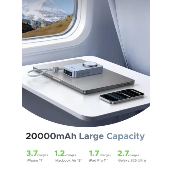 Магнітний павербанк UGREEN MagFlow Qi2 20000mAh 100W PD з вбудованим USB-C кабелем, Blue