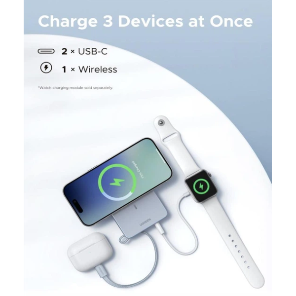 Магнітний повербанк UGREEN MagFlow 10 000mAh Qi2 25W з дисплеєм та вбудованим USB-C кабелем