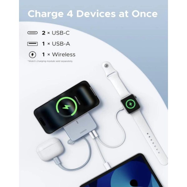 Магнітний повербанк UGREEN MagFlow 20 000mAh Qi2 25W з дисплеєм та вбудованим USB-C кабелем