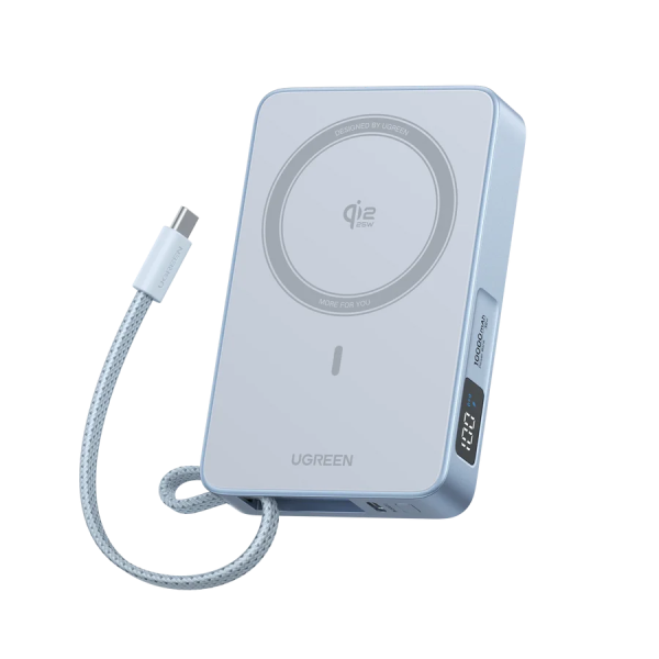 Магнітний повербанк UGREEN MagFlow 20 000mAh Qi2 25W з дисплеєм та вбудованим USB-C кабелем