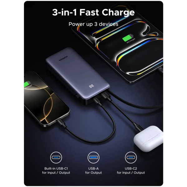 Павербанк UGREEN Nexode PB536 20000mAh 45W з вбудованим USB-C кабелем та дисплеєм