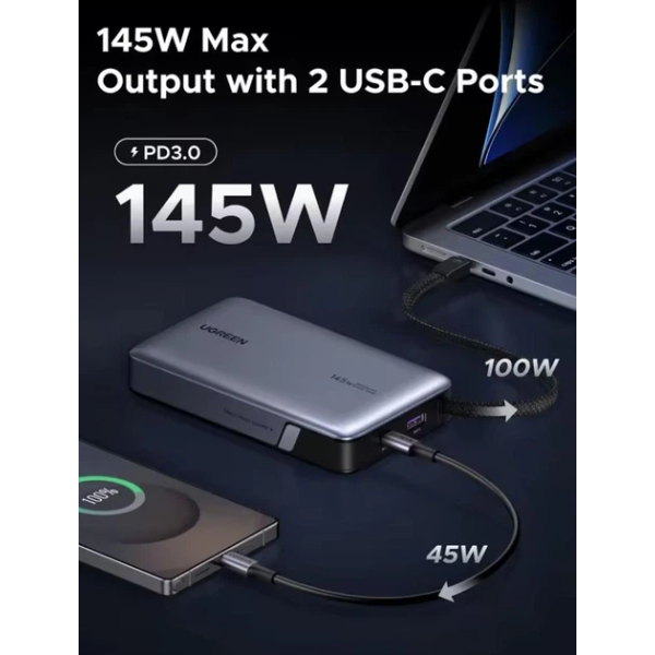 Повербанк UGREEN Power Bank 145W 20000mAh з вбудованим USB-C кабелем (Grey)