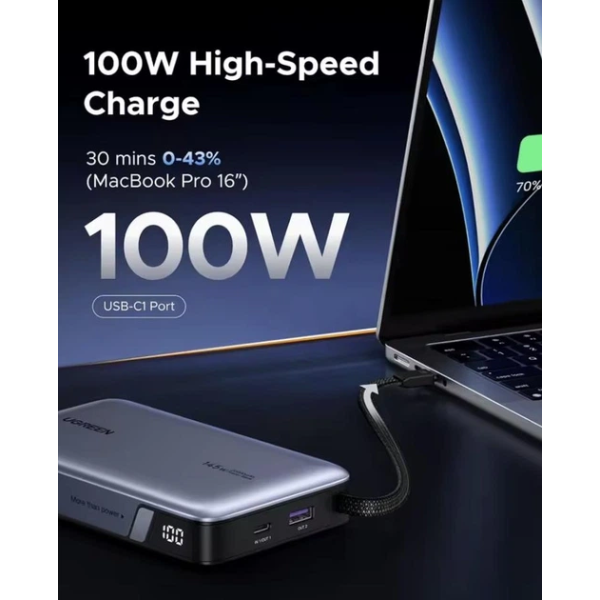 Повербанк UGREEN Power Bank 145W 20000mAh з вбудованим USB-C кабелем (Grey)