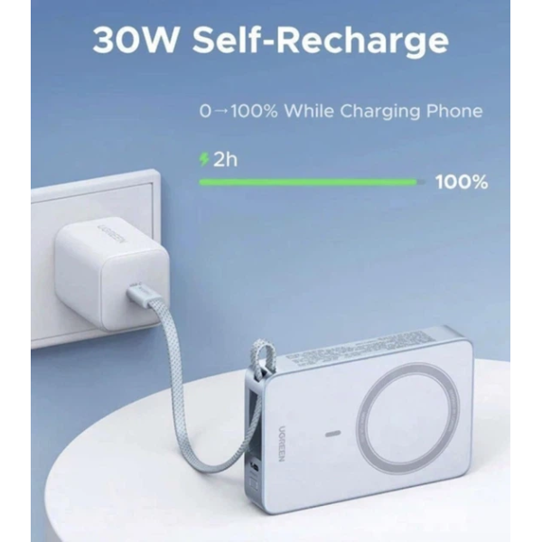 Павербанк UGREEN PB594 10000mAh 30W з бездротовою MagSafe-зарядкою та вбудованим USB-C кабелем (Блакитний)