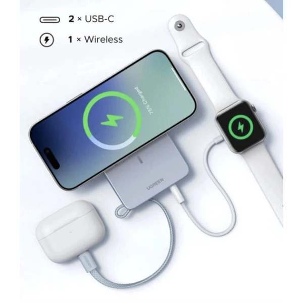 Павербанк UGREEN PB594 10000mAh 30W з бездротовою MagSafe-зарядкою та вбудованим USB-C кабелем (Блакитний)